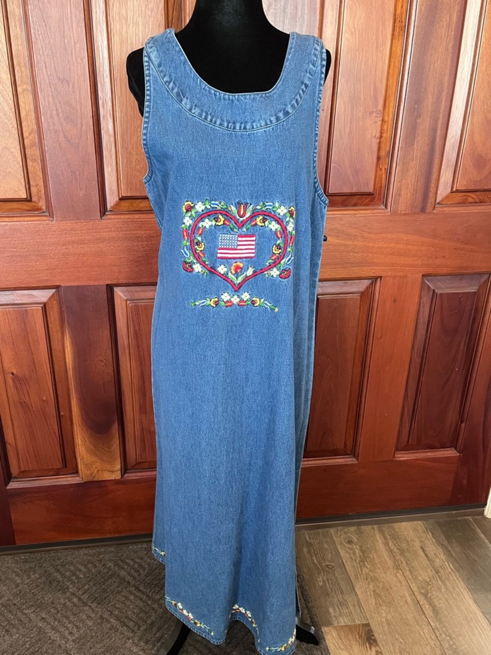 VTG AGAPO Denim Sleeveless Maxi Romper Dress PM Floral Heart Flag Embroidery NWT